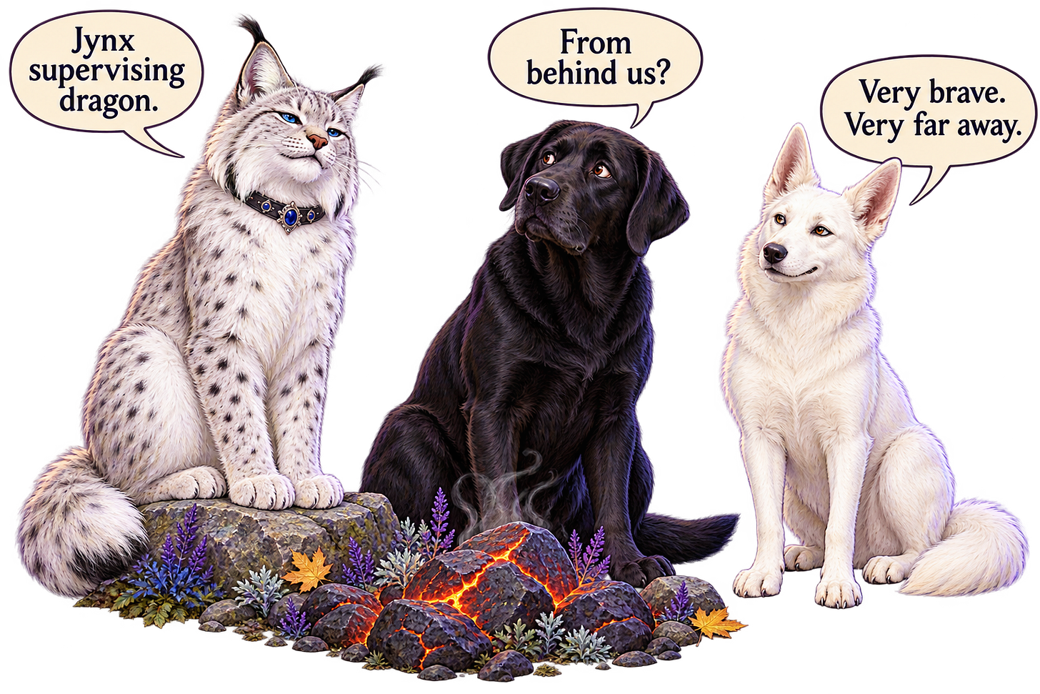 Jynx saying, "Jynx supervising dragon. Barrow saying "From behind us?" Spirit saying "Very brave from far away." Jynx saying, "Jynx supervising dragon. Barrow saying "From behind us?" Spirit saying "Very brave from far away."