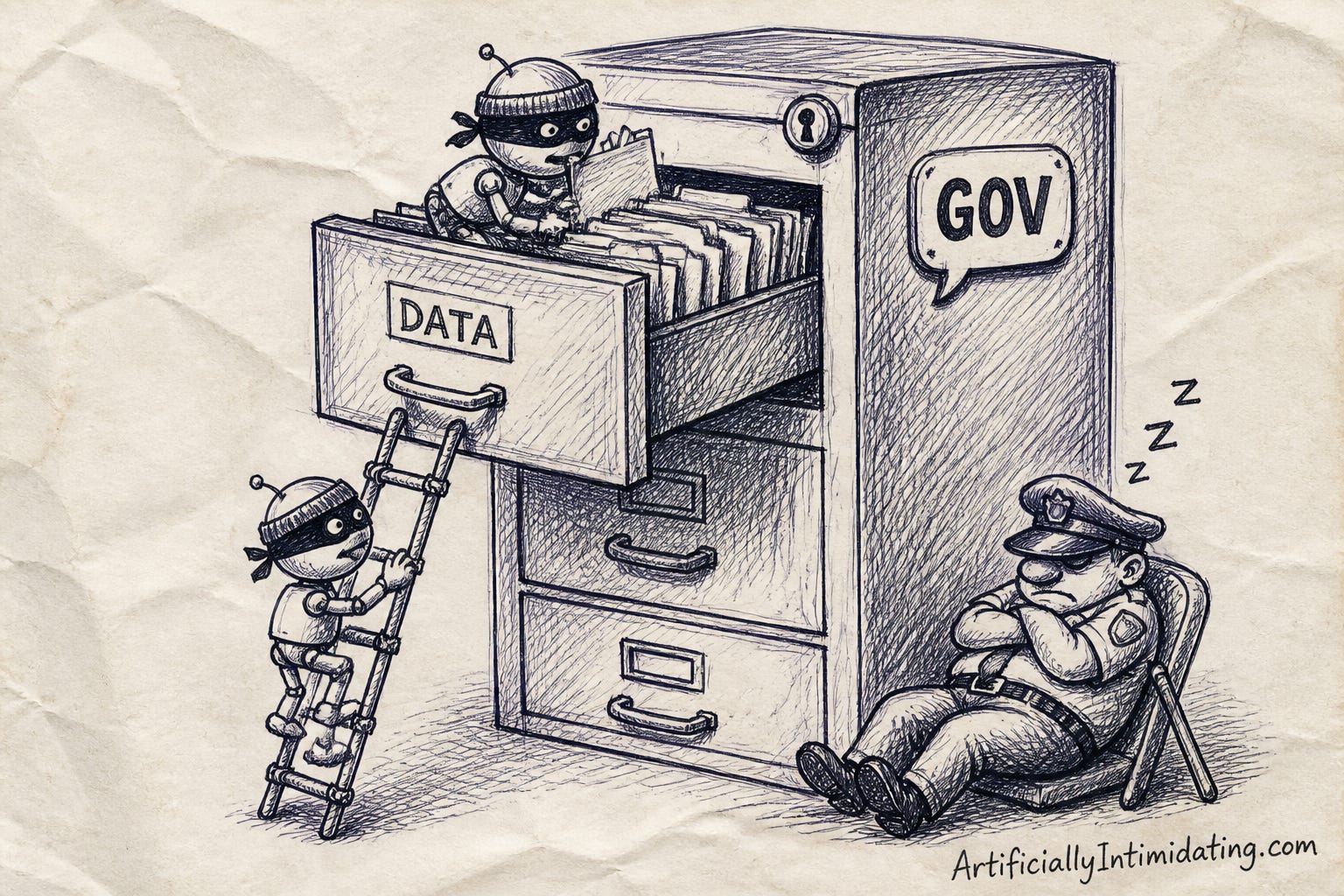 A hand-drawn illustration of two small robot cat burglars climbing into a giant government filing cabinet labeled DATA while a guard sleeps.