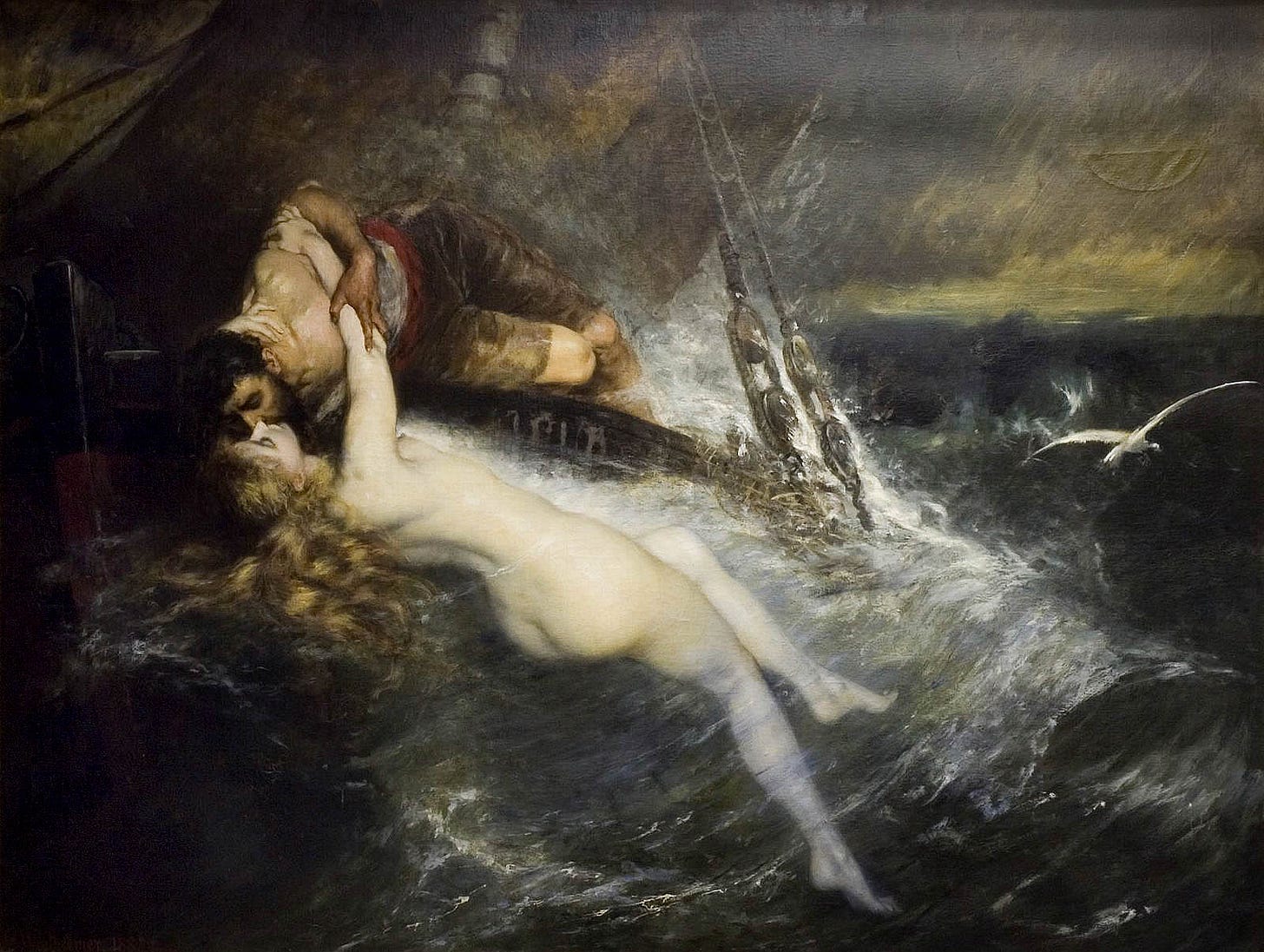 In a storm, a sailor leans over the rail of a tilting ship and kisses a pale, golden-haired siren who rises out of the waves with her arm around his neck, while a seagull flies past.
