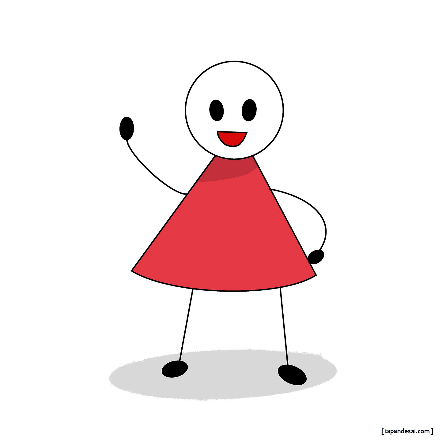 Simple stick figure illustration of Raj with a neutral expression and untucked shirt, representing the everyday self before desire-driven transformation — a visual metaphor for self-awareness and the starting point of personal growth.