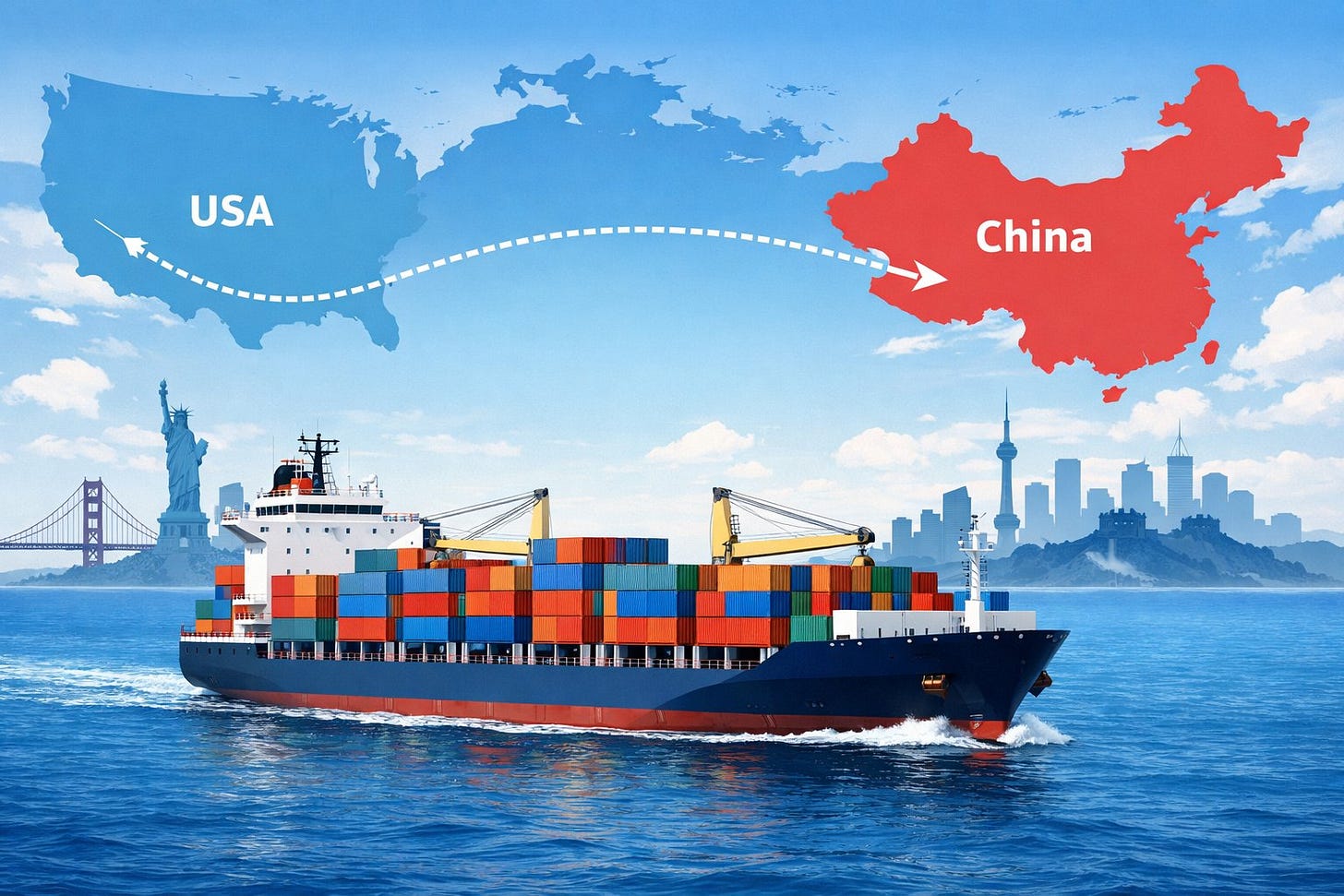 A cargo ship carrying containers sails across the ocean with a map showing the shipping route from China to the United States and landmarks from both countries in the background. A cargo ship carrying containers sails across the ocean with a map showing the shipping route from China to the United States and landmarks from both countries in the background.