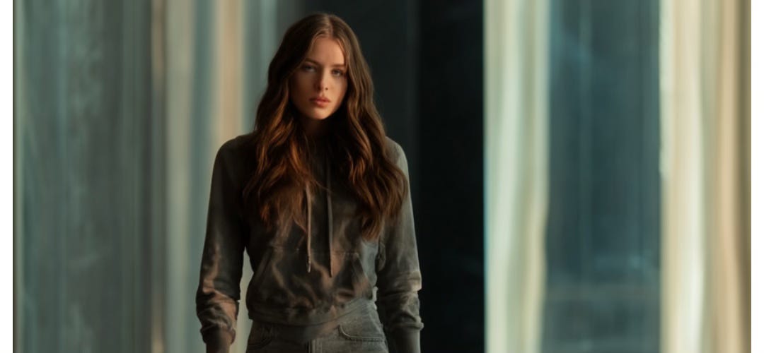 Young woman in a hoodie and jeans walking confidently through a sleek, modern palace corridor with soft cinematic lighting.