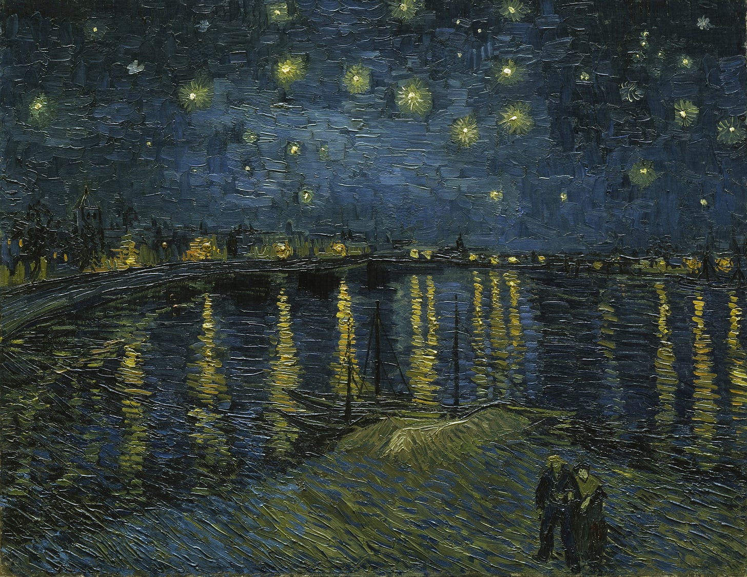 Nighttime riverside cityscape with shimmering yellow reflections on dark water, stars glowing in a deep blue sky, and two small figures standing together in the foreground.