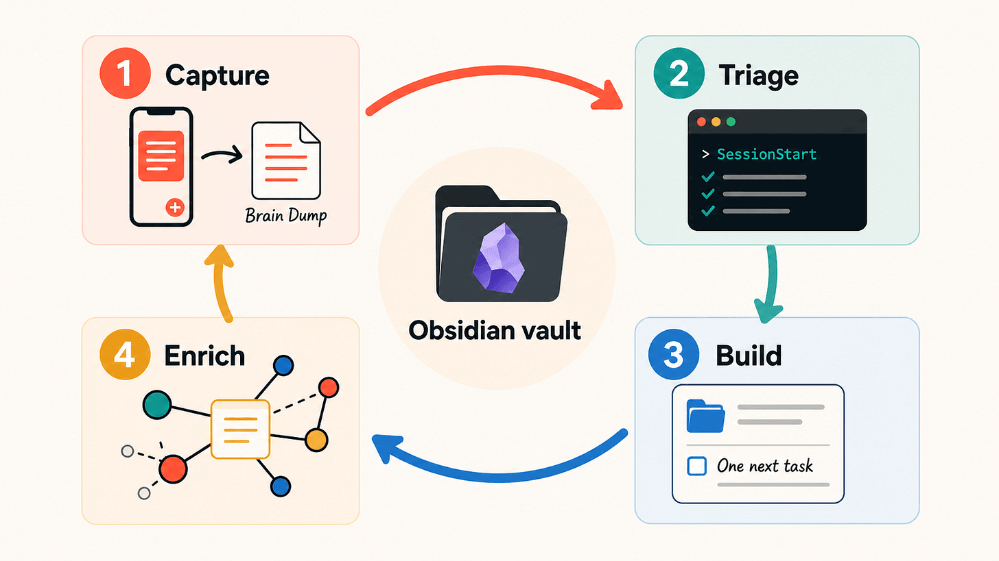 The four-activity loop based on Obsidian vault: Capture, Triage, Build, Enrich The four-activity loop based on Obsidian vault: Capture, Triage, Build, Enrich