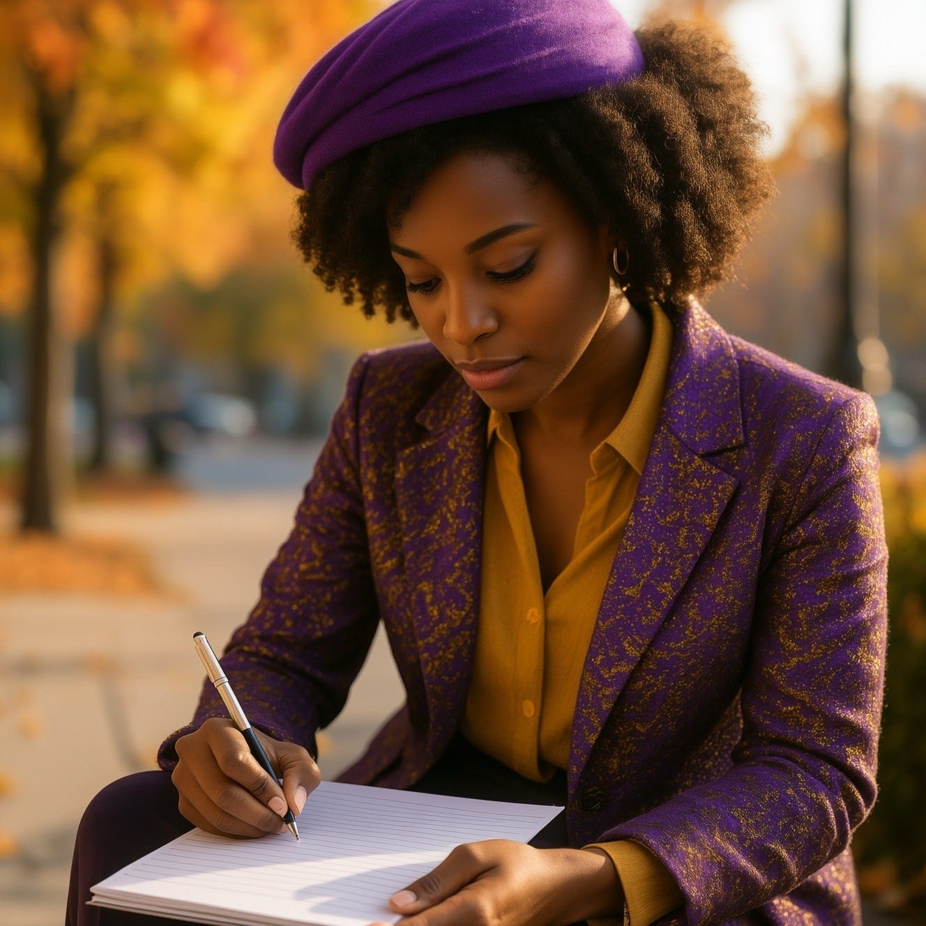 Black woman in purple and gold urban attire urban, in a seated under warm morning sun, her hand poised over lined paper as she looks down while she is writing, background outside delicate fall details, soft bokeh in the background, 8k sharpness