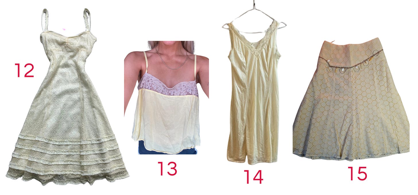 A midi lace strappy dress, a cami top with a lace trim, a slip dress with a lace trim, and a midi skirt with a circle pattern