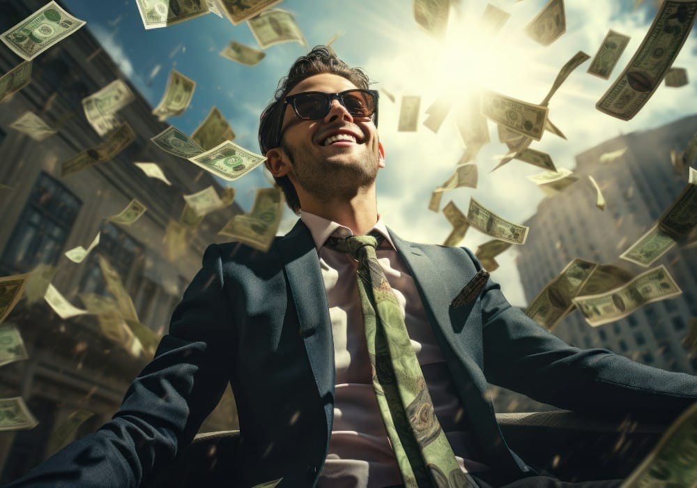 Man driving outside in a sports car and suit while money rains down on him