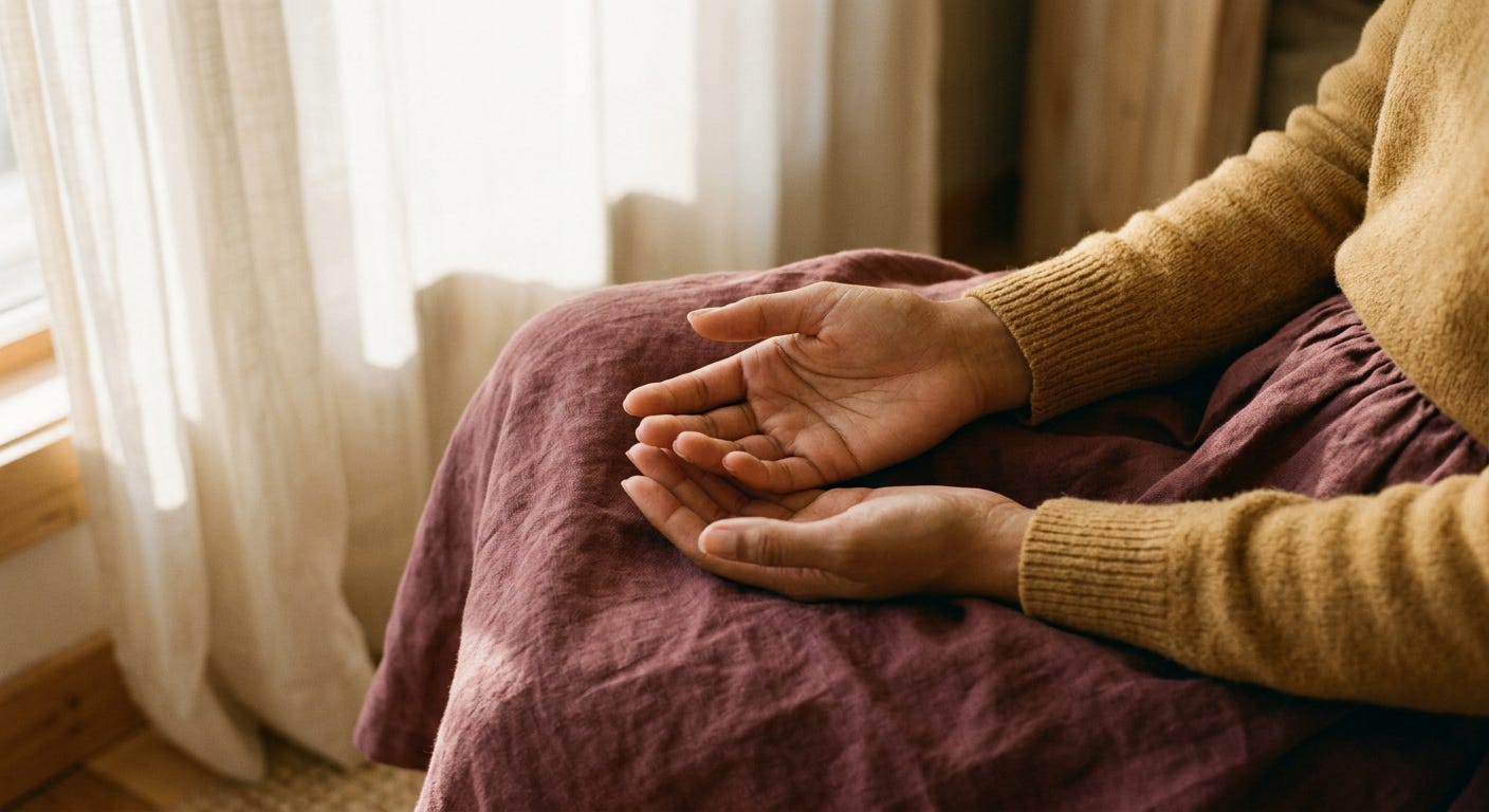 A quiet, sunlit photograph of open hands resting in a lap, soft linen fabric, warm morning light through a sheer curtain A quiet, sunlit photograph of open hands resting in a lap, soft linen fabric, warm morning light through a sheer curtain