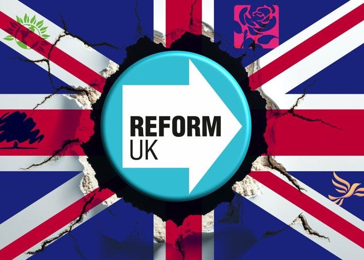 Reform UK party symbol breaking through Union Jack with logos of traditional British parties, representing political disruption and rising influence in UK politics