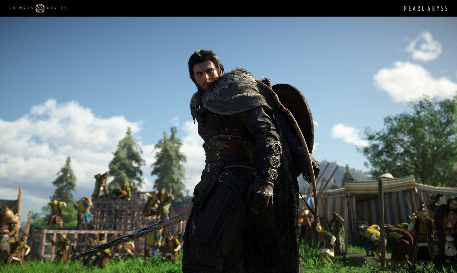 Crimson Desert main character standing in a field with a forest behind him