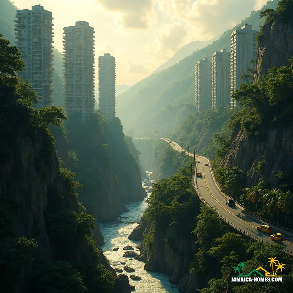 Jamaican mountain pass with narrow winding road, fast-moving river, and lush green cliffs, modern apartment towers rise with realistic glass, concrete, and steel, connected by skybridges, Jamaican taxis and cars navigate, tropical vegetation on cliffs, golden sunlight through misty clouds, in ultra-realistic cinematic style inspired by filmmakers like Denis Villeneuve, Roger Deakins, and Emmanuel Lubezki, with cinematic lighting, film grain, and vignette.


