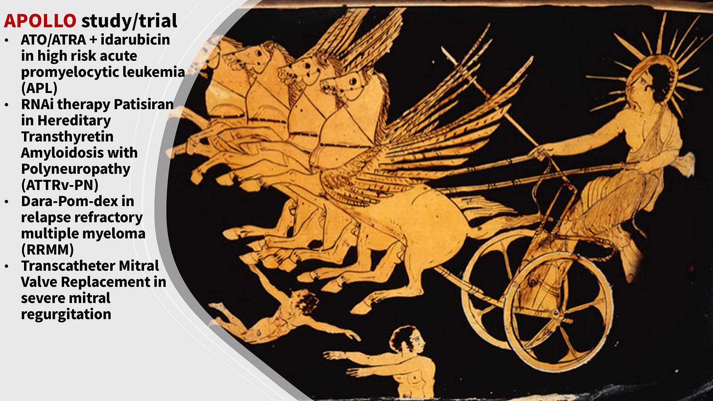 可能是顯示的文字是「 APOLLO study/trial / + idarubicin in high risk acute promyelocytic leukemia (APL) •RNAi therapy Patisiran in Hereditary Transthyretin Amyloidosis with Polyneuropath (ATTRv-PN) Dara-P •Dara-Pom-dex in relapse refractory multiple myeloma (RRMM) •Transcat Transcatheter Mitral Valve Replacement in severe mitral regurgitation 」的圖像