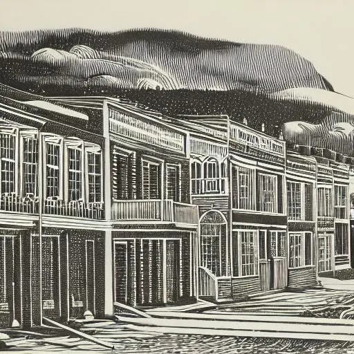 Two woodblock-style images. One of a samshackle cain and the other of a small town.