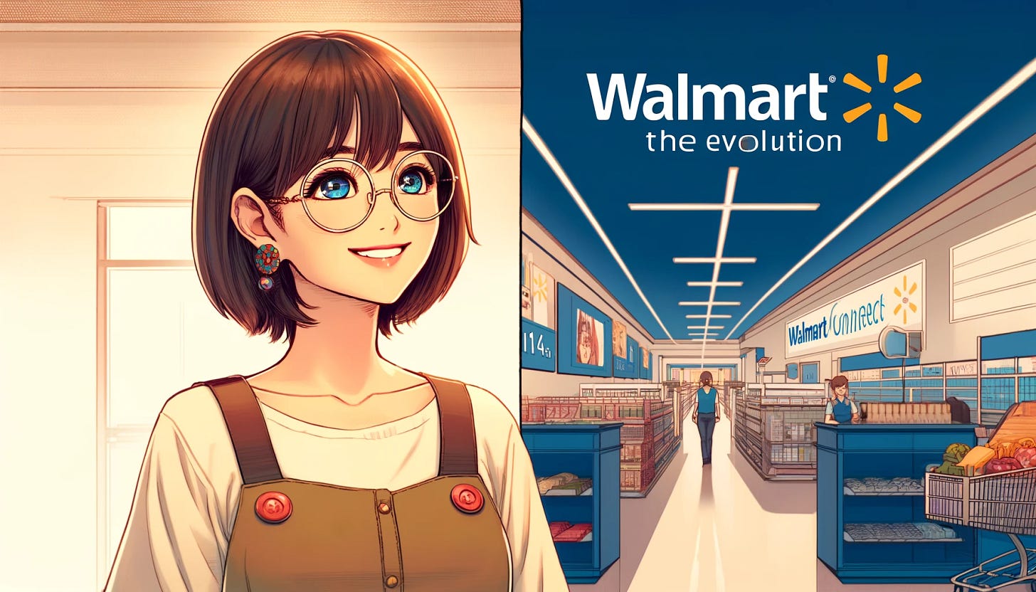 An anime-style illustration, horizontal orientation, featuring the inside of a Walmart store as the background, designed with a warm and inviting atmosphere. The main character is a Japanese woman with short hair and glasses, dressed in casual attire, sporting a bright and cheerful smile. The scene conveys the evolution of Walmart Connect, capturing a sense of warmth and approachability while maintaining a modern retail environment. The color palette should be balanced, evoking a sense of comfort without being overly vibrant.