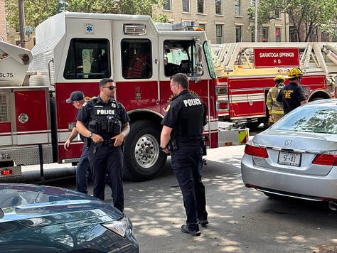 Pictures of fire trucks, firefighters and police offiers.