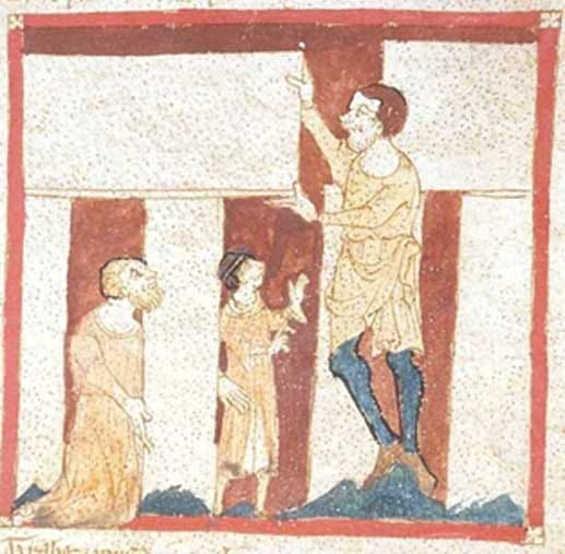 Merlin being assisted by a giant at Stonehenge, circa 1150 AD (Public Domain)
