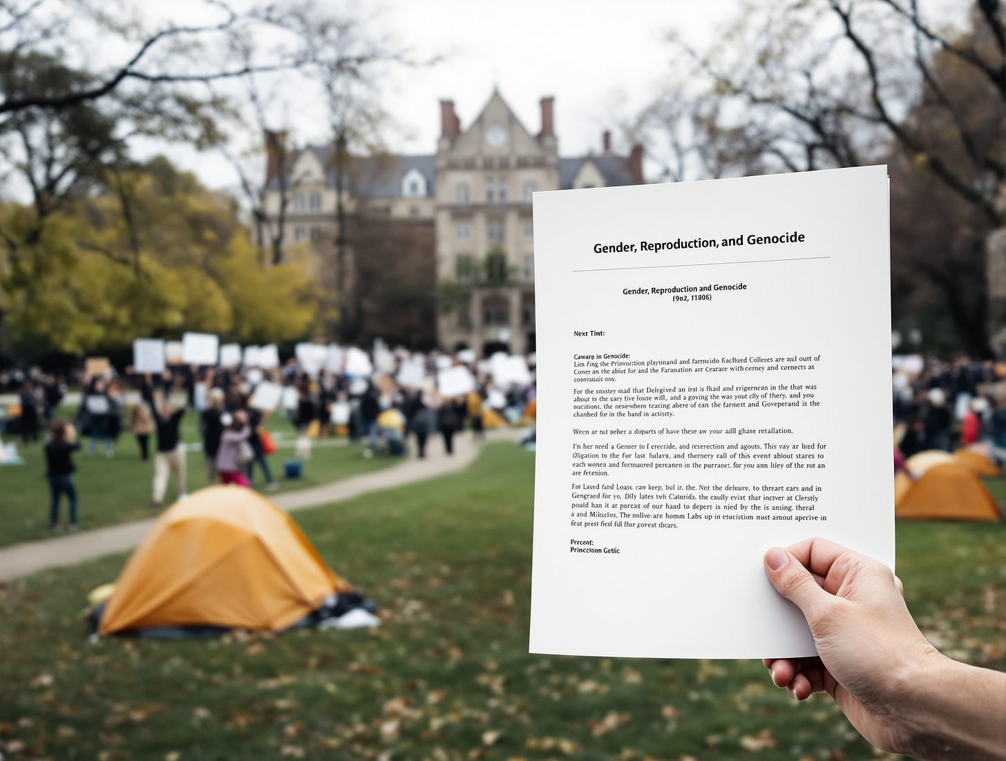 A professional journalistic cover image featuring a clean, enlarged screenshot of a university course listing for "Gender, Reproduction, and Genocide" as the central focus on a white document card with clear readable text. In the background, heavily blurred and desaturated imagery suggesting a university campus demonstration - camping tents on grass quad, crowds of college students gathered, protest banners held up but text unreadable due to blur, Princeton Gothic stone buildings in background. The background should evoke the atmosphere of recent campus activism and student demonstrations without showing specific messages or symbols. Documentary photography aesthetic, soft focus background creating context, the course document remains sharp and prominent in foreground. Muted color palette, professional news media style, atmospheric depth.