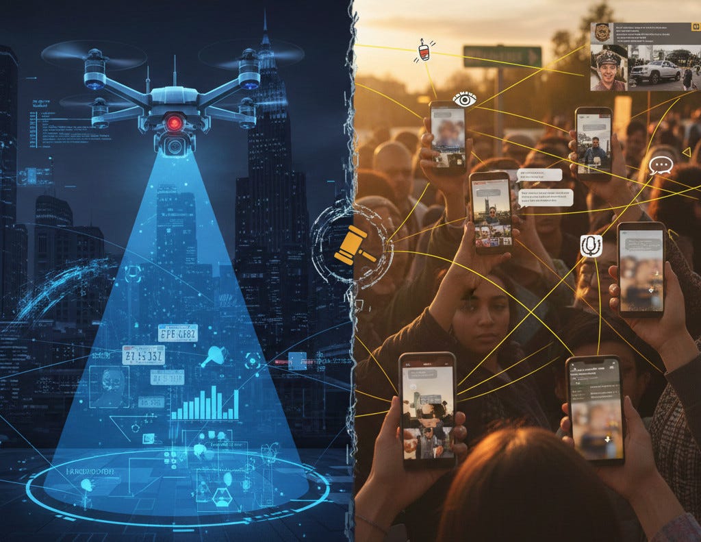 Split image showing automated federal surveillance systems on left versus citizen smartphone documentation networks on right
