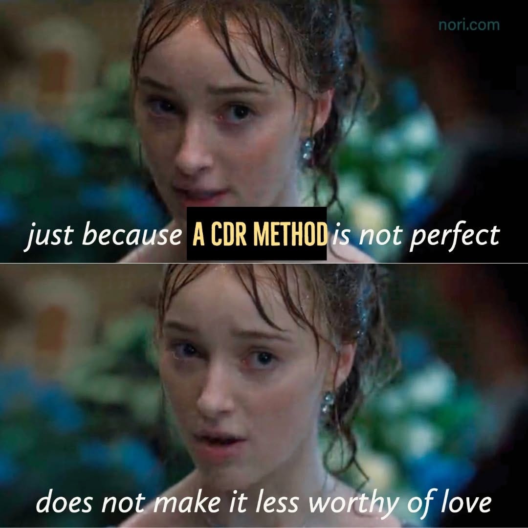 Two stills of a rain-soaked young woman from Bridgerton: "just because A CDR METHOD is not perfect" / "does not make it less worthy of love".