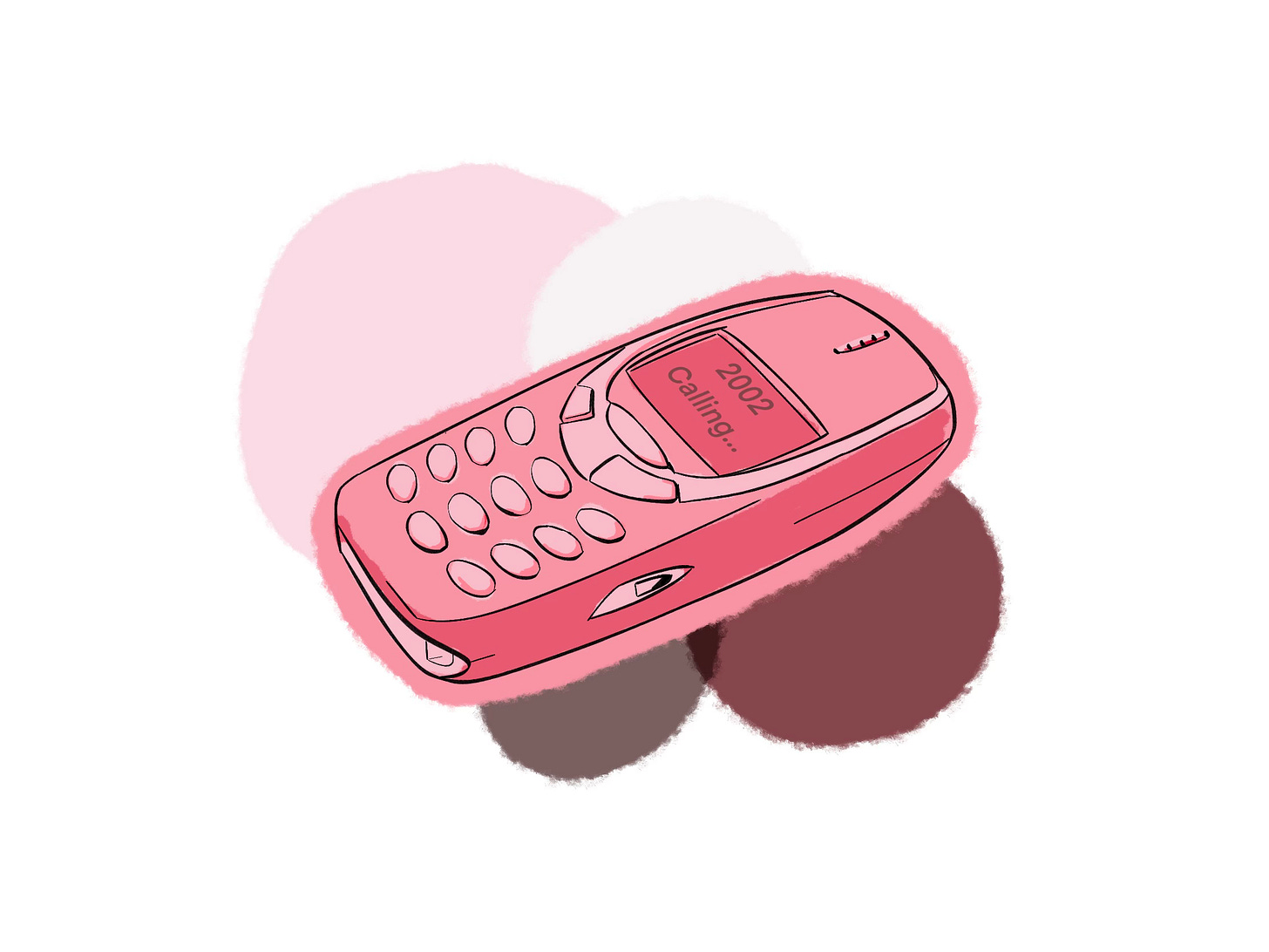 A digital illustration of a pink Brick phone, with a message saying '2002 calling' on the screen.