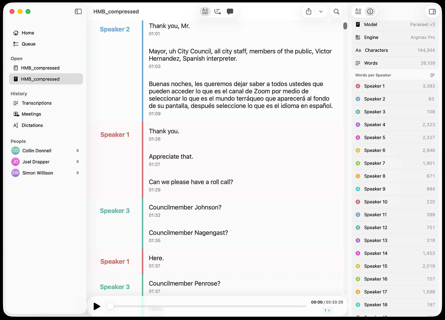 A screenshot of the MacWhisper transcription application interface displaying a file named "HMB_compressed." The center panel shows a transcript of a City Council meeting. Speaker 2 begins, "Thank you, Mr. Mayor, uh City Council... Victor Hernandez, Spanish interpreter," followed by Spanish instructions: "Buenas noches, les queremos dejar saber a todos ustedes que pueden acceder lo que es el canal de Zoom..." Speaker 1 responds, "Thank you. Appreciate that. Can we please have a roll call?" Speaker 3 then calls out "Councilmember Johnson?" and "Councilmember Nagengast?" to which Speaker 1 answers, "Here." The interface includes metadata on the right indicating the model "Parakeet v3" and a total word count of 26,109.