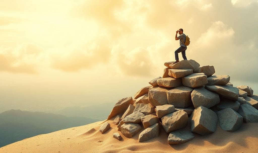 A man on a hill standing on a bed of rocks symbolizing the living code and the bluebrint beneath being human