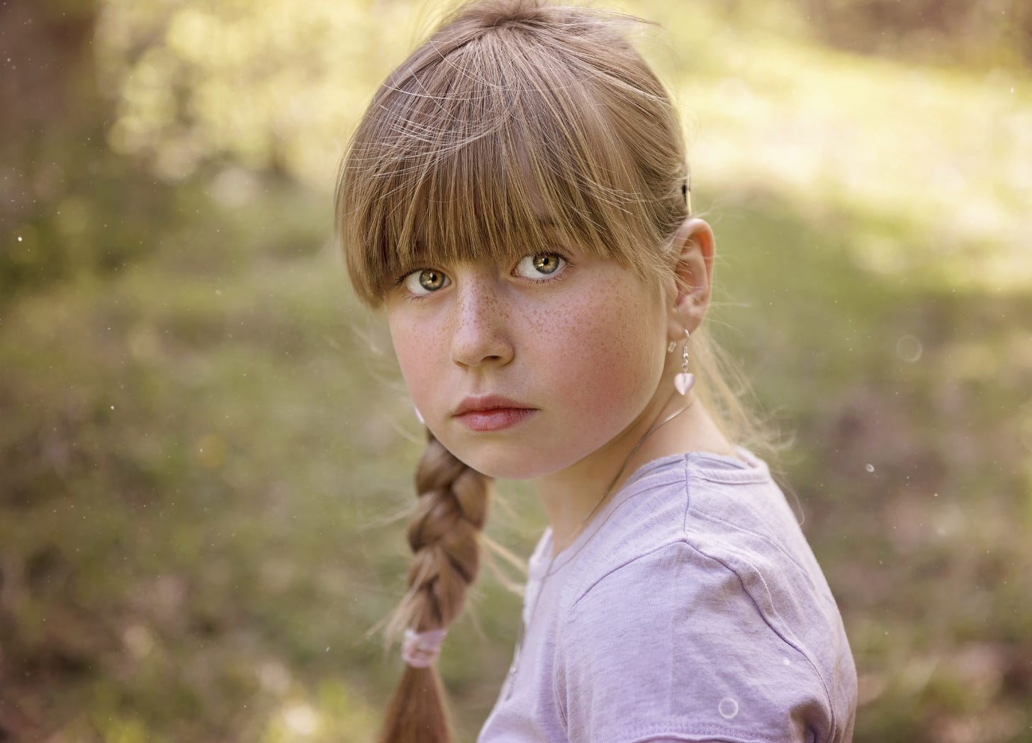 Young girl with freckles and braided hair looks directly at the camera with a serious, thoughtful expression, standing outdoors in soft natural light.