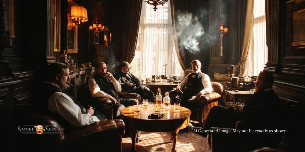 19th-century gentlemen enjoying cigars and whiskey in a club. 19th-century gentlemen enjoying cigars and whiskey in a club.