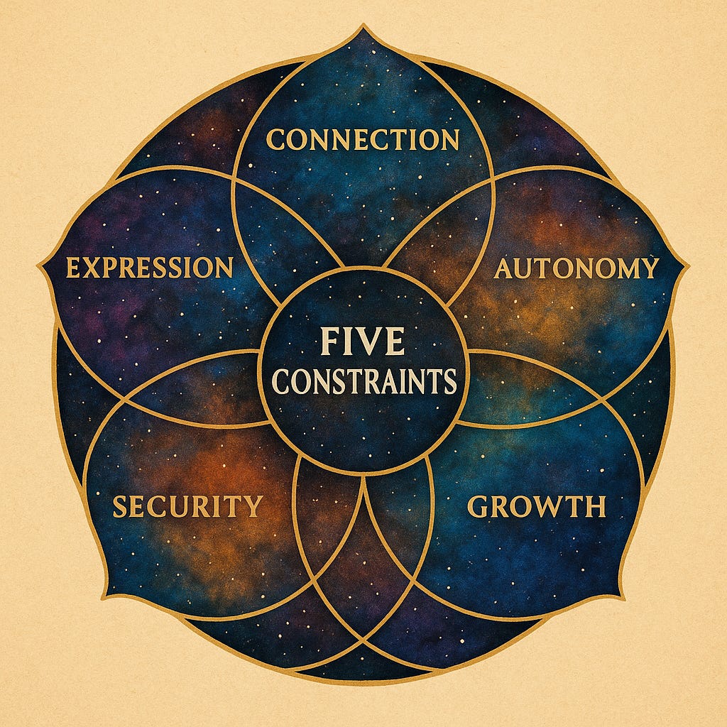 A mandala-style diagram of five overlapping petals filled with a starry cosmic pattern. Each petal represents one of the Five Constraints — Connection, Autonomy, Growth, Expression, and Security — encircling a central core labelled Five Constraints. The image symbolises the interdependence of these five forces as structural foundations for coherence and flourishing in life.