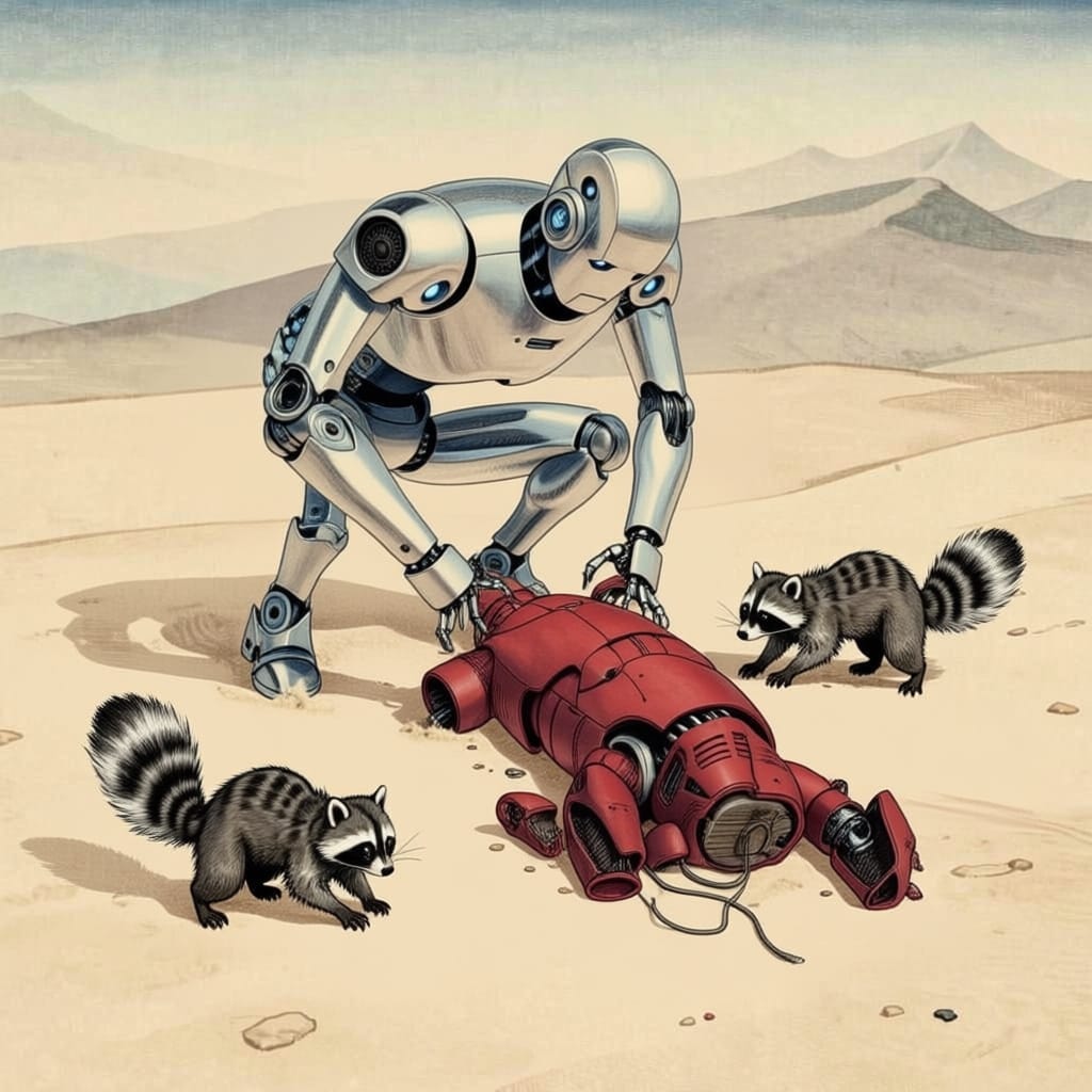 Robot crouches over damaged robot with scavenging raccoons.