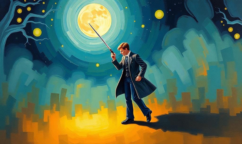 Man with cane gestures elegantly in dreamlike space Man with cane gestures elegantly in dreamlike space