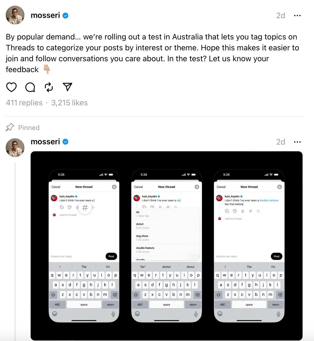 Threads post from Adam Mosseri about a new feature that allows you to tag posts