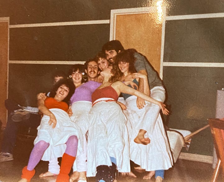 On the left, a black and white photo of women in skirts and leotards dancing. Tanya is in the center, a fierce expression on her face. On the right, a group of people are piled on top of each other, smiling at the camera.