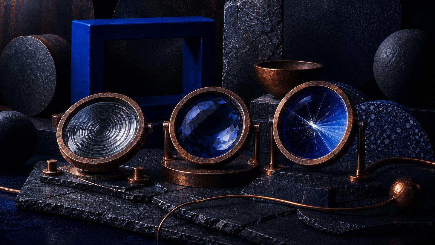 Three circular lenses in copper frames showing different views of the same dark blue geometric arrangement