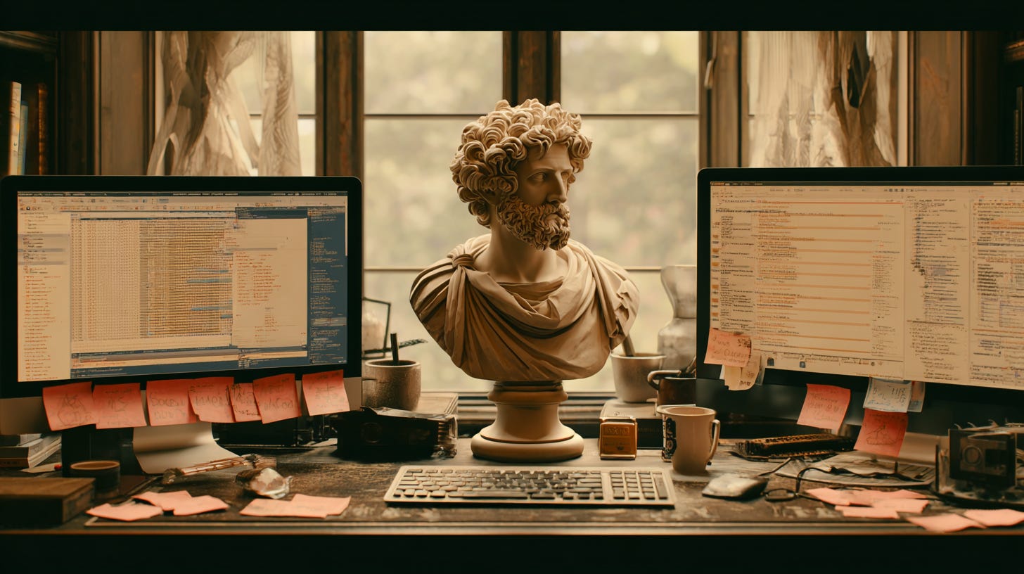 A marble bust of Marcus Aurelius sitting on a modern developer's desk, surrounded by dual monitors displaying code, mechanical keyboard, coffee mug, morning sunlight streaming through window A marble bust of Marcus Aurelius sitting on a modern developer's desk, surrounded by dual monitors displaying code, mechanical keyboard, coffee mug, morning sunlight streaming through window