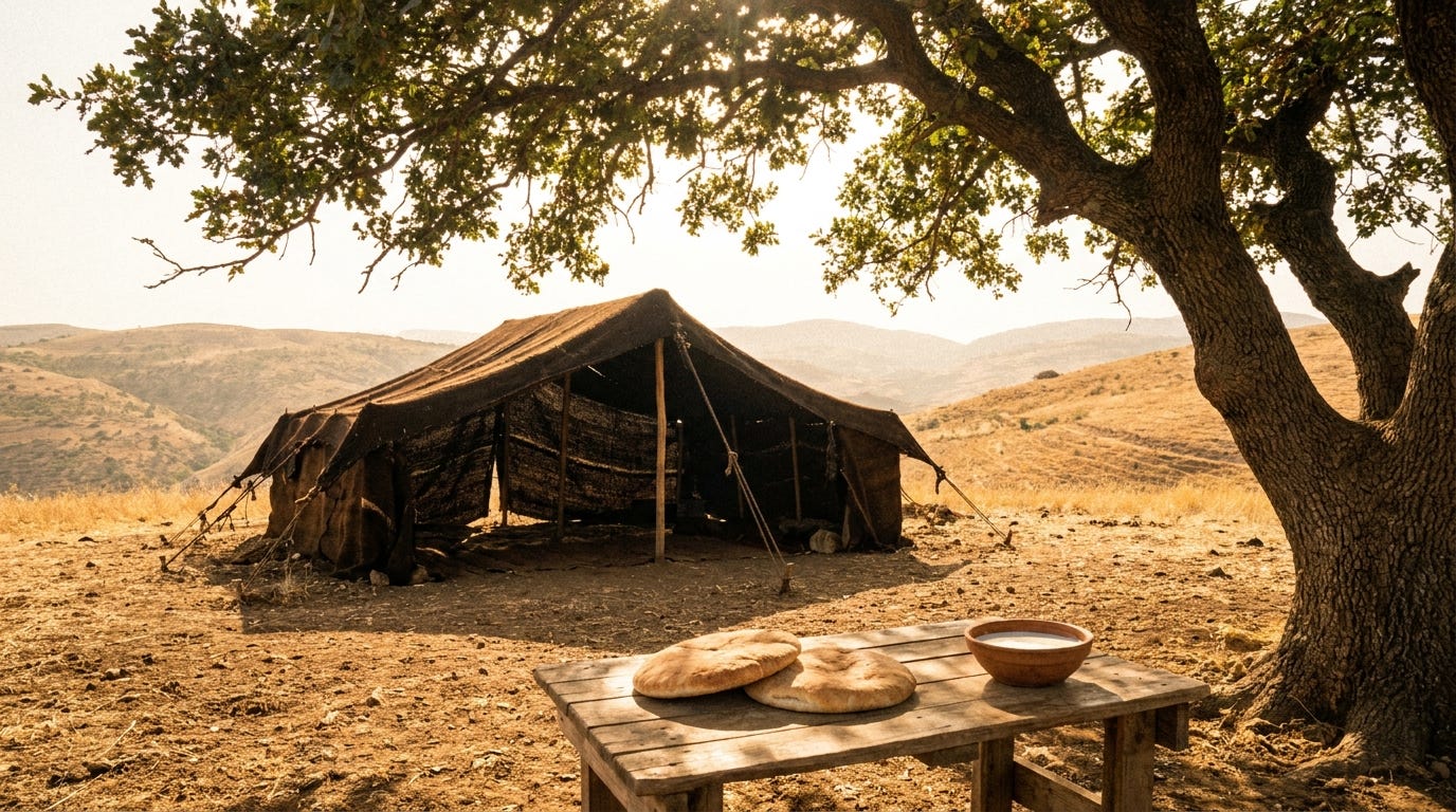 A dark goat-hair tent open at the front in the heat of midday, shaded by a great old oak on a dusty hillside, a low table with round flat loaves and a clay bowl of milk under the tree, no people, no faces, no text A dark goat-hair tent open at the front in the heat of midday, shaded by a great old oak on a dusty hillside, a low table with round flat loaves and a clay bowl of milk under the tree, no people, no faces, no text