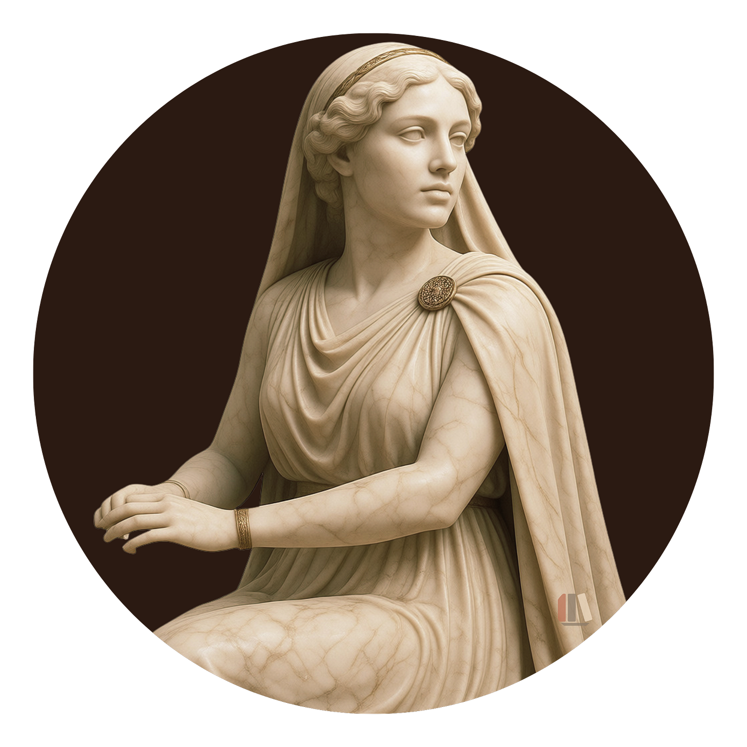 Sculpted classical bust in pale stone against a dark brown circle. A veiled woman seated in a draped robe turns to look off to the side with a considering, deliberate expression, hands resting mid-gesture rather than at rest. Sculpted classical bust in pale stone against a dark brown circle. A veiled woman seated in a draped robe turns to look off to the side with a considering, deliberate expression, hands resting mid-gesture rather than at rest.