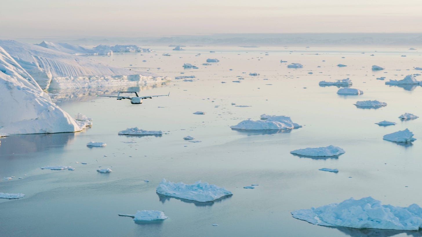 Two photos of drones flying over icefjords.