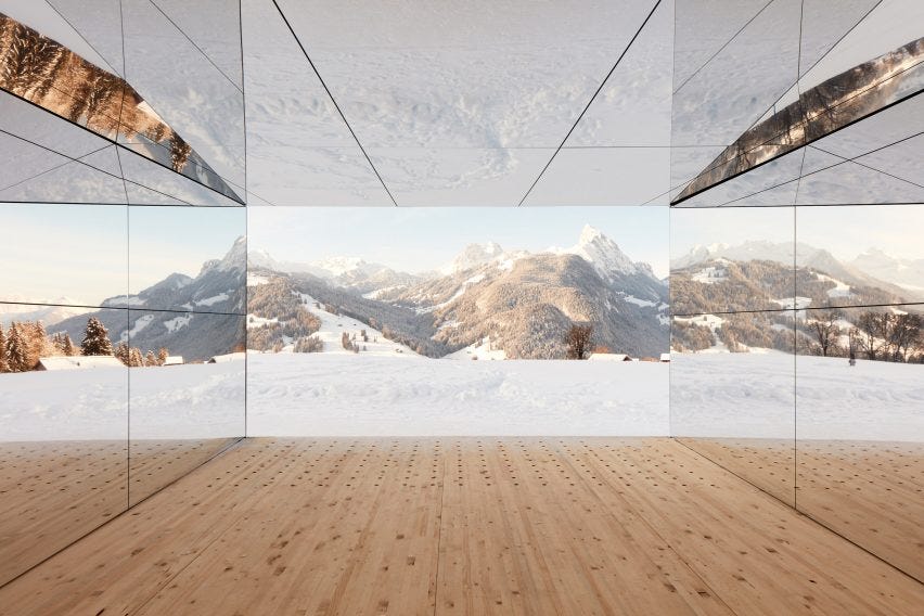 Mirage Gstaad mirrored building art installation by Doug Aitken in Switzerland from inside Mirage Gstaad mirrored building art installation by Doug Aitken in Switzerland from inside