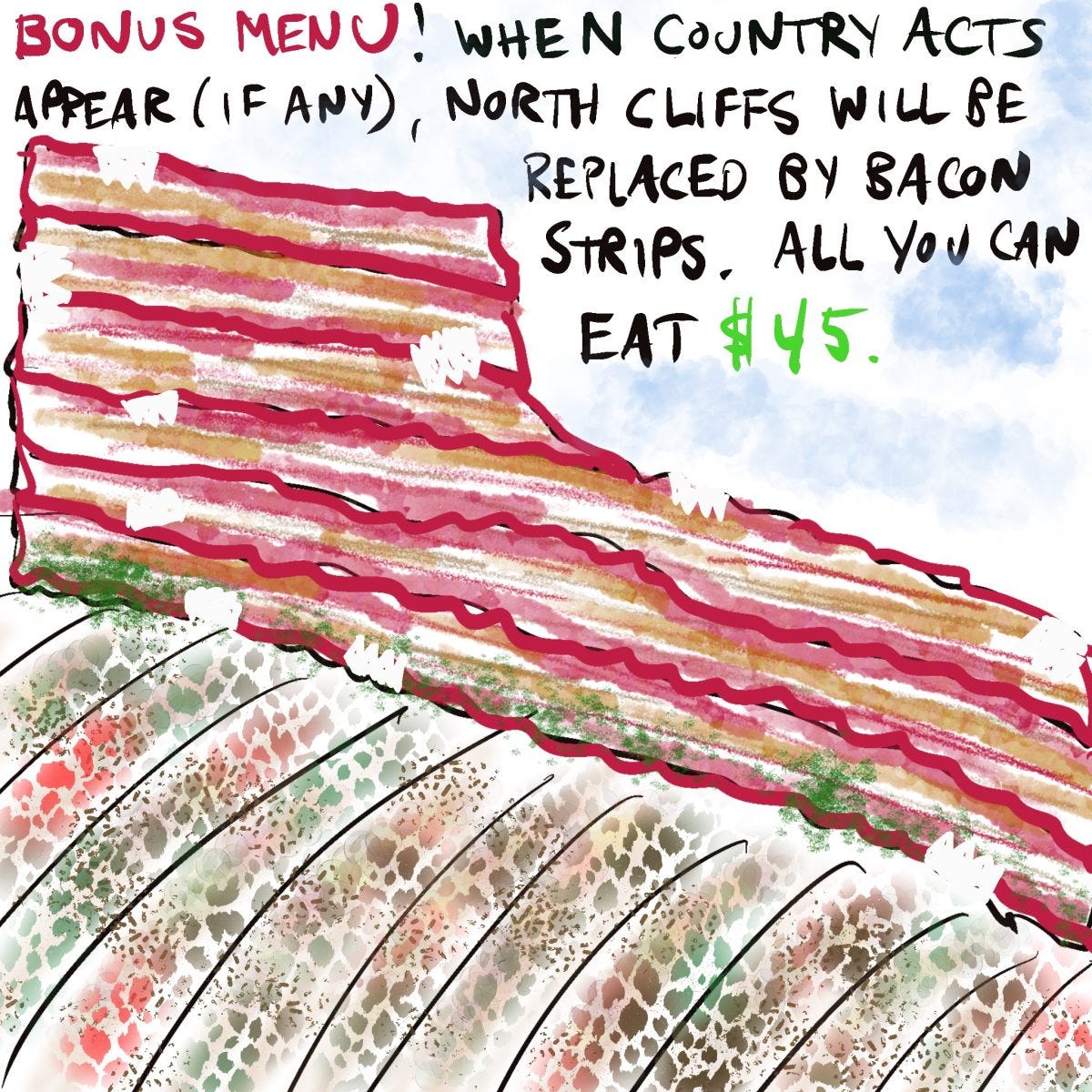 A cartoon of the sandstone features that create Red Rocks Amphitheatre rendered in bacon