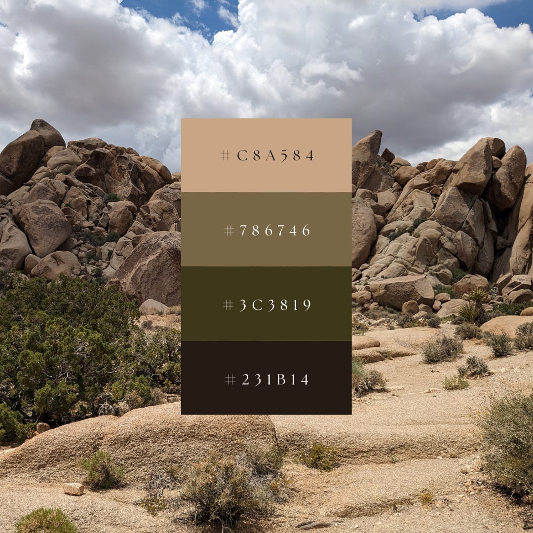 Color palette inspired by boulders and shrubs at Joshua Tree National Park.