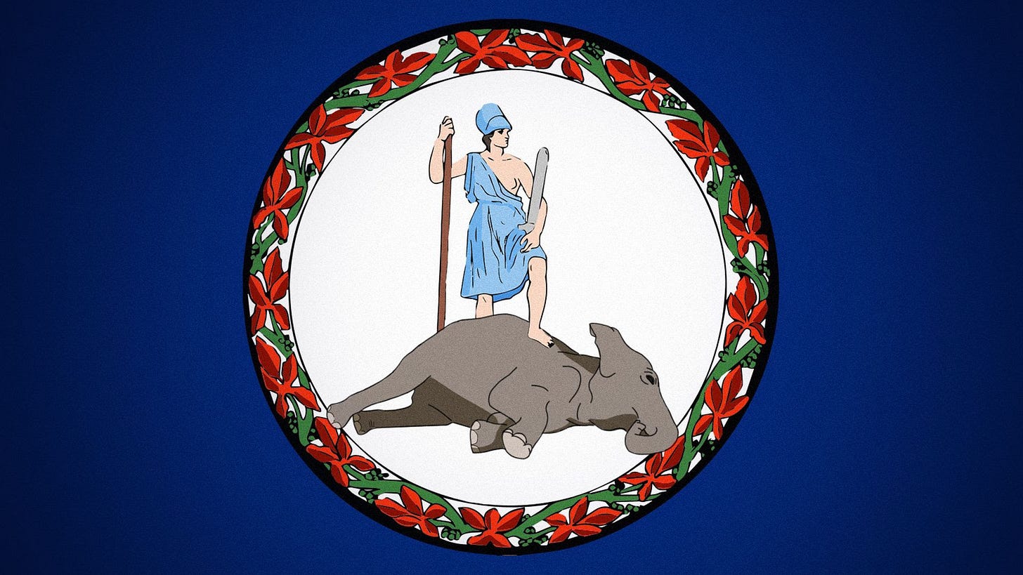 Illustration of the state flag of Virginia with the figure of Virtus standing over an elephant laying on the ground. 
