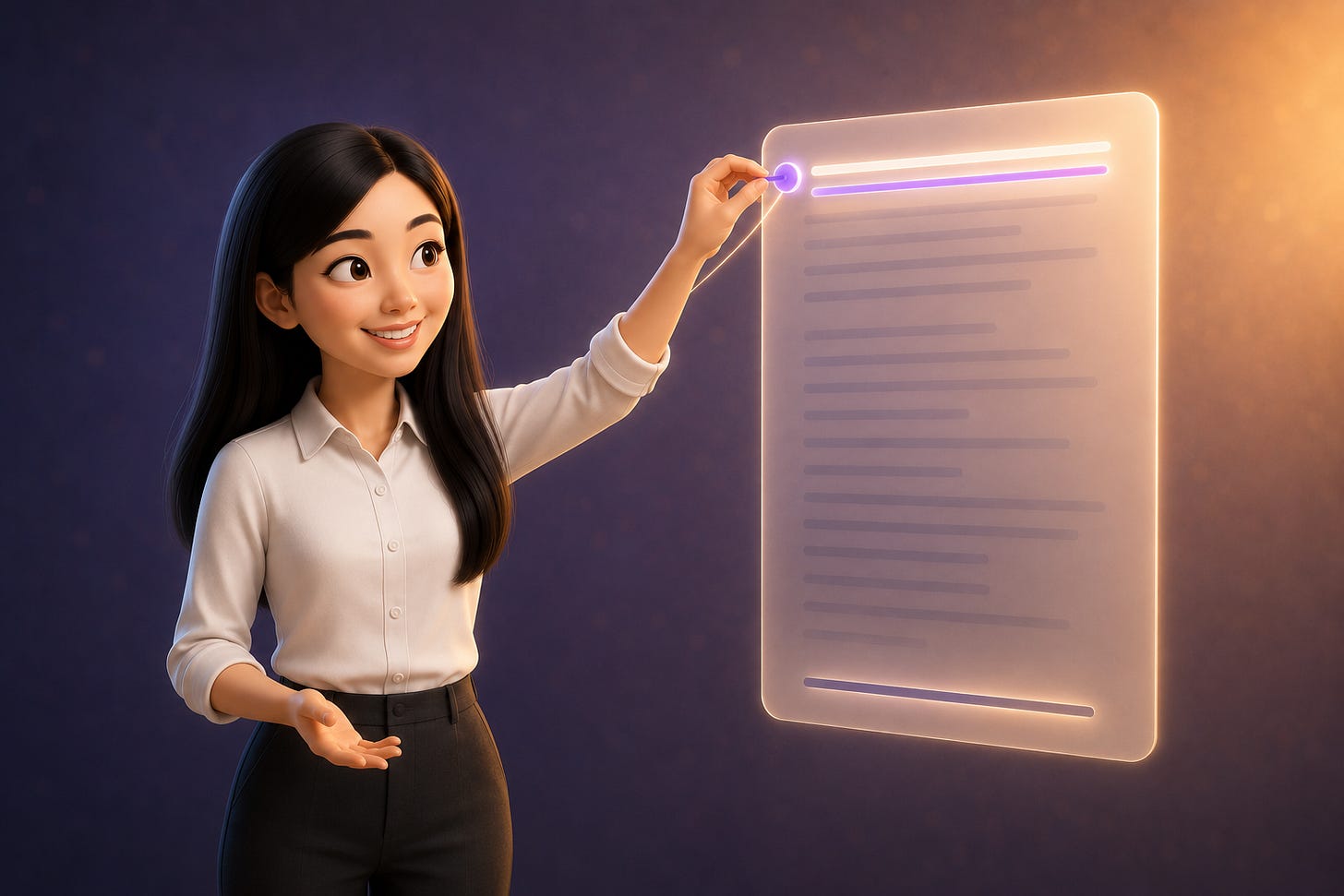 Pixar-style 3D illustration of Jenny Ouyang from Build to Launch pressing a glowing marker onto the top line of a tall document while the lines through the middle blur into faded gray, showing how a model reads the edges and skims the middle.