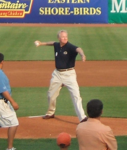 District 38B Delegate hopeful Michael James shows good form in throwing out a ceremonial first pitch. District 38B Delegate hopeful Michael James shows good form in throwing out a ceremonial first pitch.