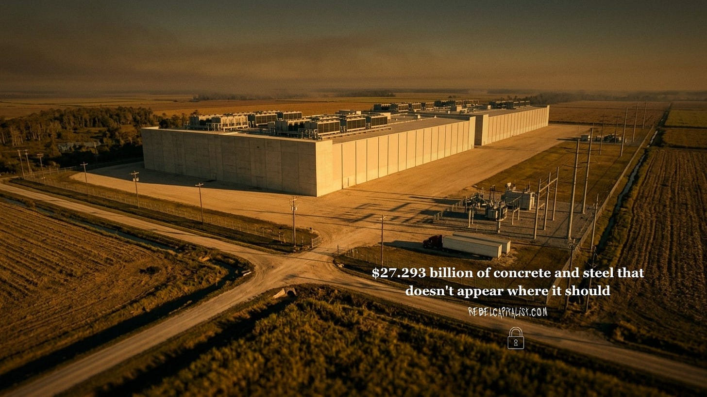 Aerial view of massive data center surrounded by farmland with financial caption overlay Aerial view of massive data center surrounded by farmland with financial caption overlay