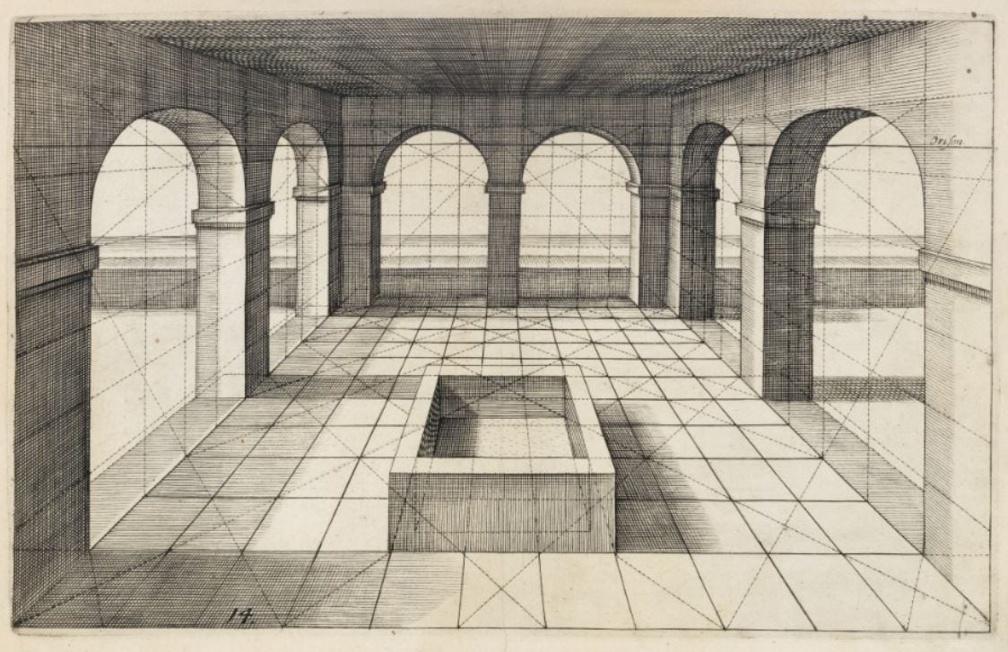 Perspective print from: Perspective, c'est a dire, le tresrenomme art du poinct oculaire d'une veue dedans ou travers regardante, estant sur une muraille unie, sur un tableau, ou sur de la toile, en laquelle il y ayt quelques edifices, soyt d'eglises, temples, palais, sales, chambres, galeries, places, allees, jardins, marches & rües..., Vredeman de Vries, Published: The Hague, 1604-1605 Perspective print from: Perspective, c'est a dire, le tresrenomme art du poinct oculaire d'une veue dedans ou travers regardante, estant sur une muraille unie, sur un tableau, ou sur de la toile, en laquelle il y ayt quelques edifices, soyt d'eglises, temples, palais, sales, chambres, galeries, places, allees, jardins, marches & rües..., Vredeman de Vries, Published: The Hague, 1604-1605