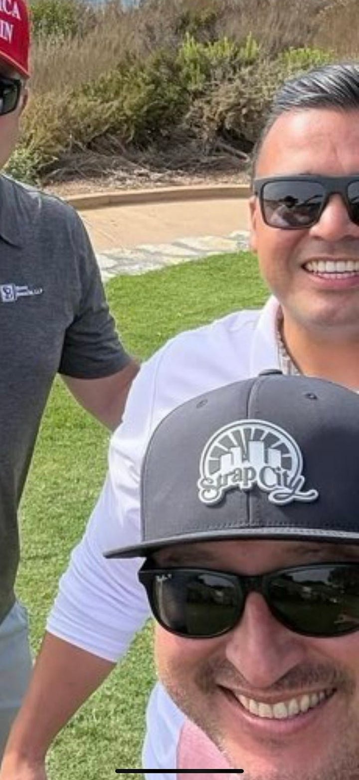 John Kachirisky hanging out at the Trump National Golf Course - Los Angeles. Second photo is zoomed and mirrored to make the font legible. 