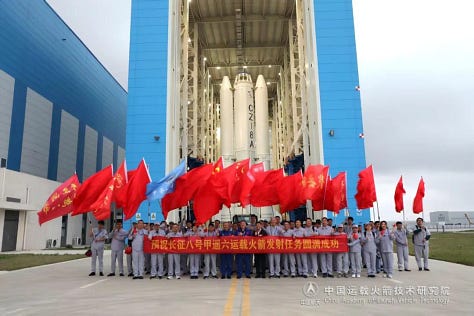 The Long March 8A Y6 vehicle's first and second stages heading to the launch pad at the Wenchang Commercial Space Launch Site.