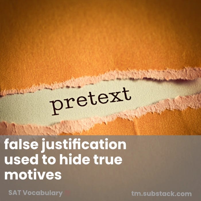 Typed word 'pretext' appearing through torn paper; used to illustrate the SAT word 'pretext'.