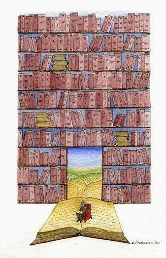 #descrevemospravocê  A imagem é uma ilustração artística que mostra uma grande estante de livros preenchendo toda a parte superior da composição, formando uma parede repleta de volumes. A estante é composta por dezenas de livros empilhados na vertical e na horizontal, com lombadas em tons de vermelho, marrom e roxo, dando a impressão de um muro sólido. No centro da estante há uma abertura retangular em forma de porta, por onde se vê uma paisagem com céu azul, campos verdes e um caminho de terra que serpenteia em direção ao horizonte.  Essa paisagem continua para fora da porta, pois a base da estante é um enorme livro aberto, colocado no chão. As páginas do livro se transformam no caminho que leva à paisagem ao fundo. Sentado sobre a folha aberta do livro está um homem idoso, de cabelos brancos, usando óculos e uma capa vermelha. Ele está com um menino no colo, e ambos leem um livro juntos, imersos na leitura.  A composição transmite simbolicamente a ideia de que os livros são portais para outros mundos, e que a leitura pode abrir caminhos para a imaginação, o conhecimento e o afeto entre gerações. As cores são suaves e harmoniosas, com destaque para os tons terrosos dos livros e o amarelo suave das páginas, que contrasta com o azul do céu e o verde da paisagem além da porta.